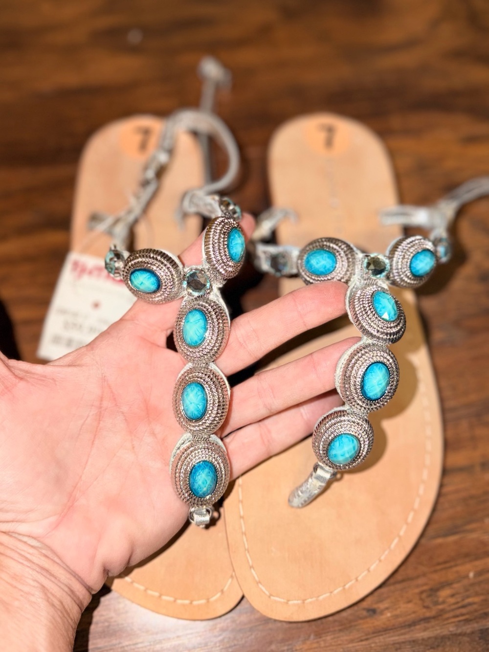 Source Unknown Silver-Tone Sandals with Turquoise Accents VERY good quality!